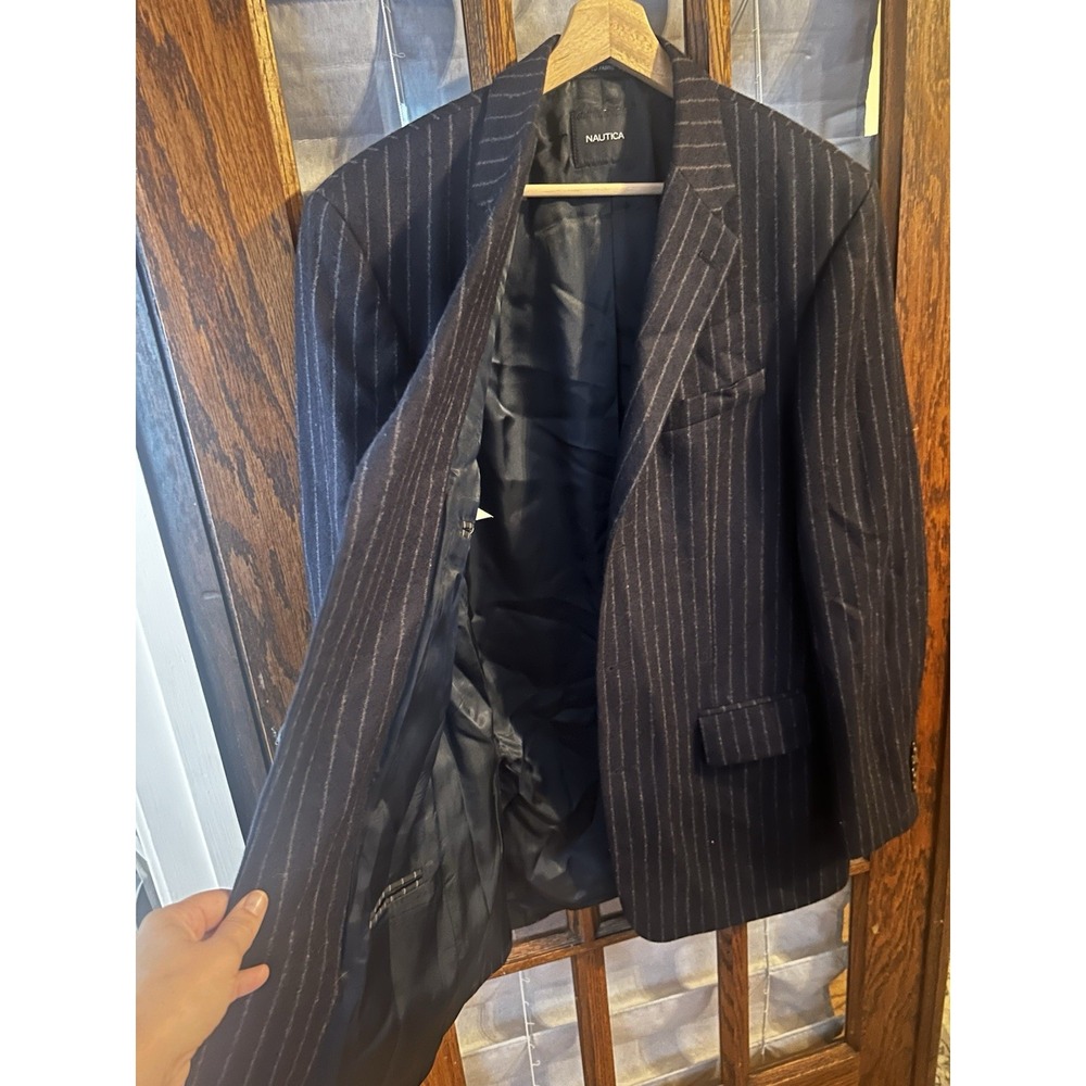 NAUTICA Men's Sz 40L Navy Pin Stripe 100% Wool Sport Coat Jacket Double Vented - Picture 8 of 11